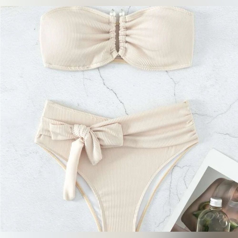 Macy Ella Rib Knot Front Bandeau Bikini Swimsuit XL NWOT